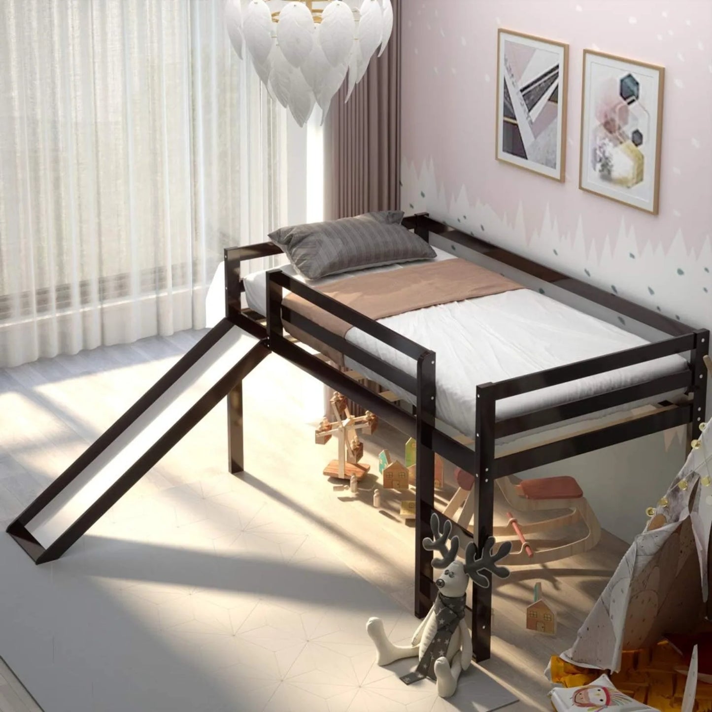 Kids Wood Twin Loft Bed Frame with Climbing Ladder & Storage Space for