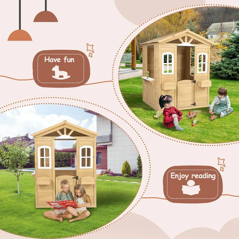 Country Style Playhouse with Working Door, Service Stations, Natural,39" L X 38" W X 55.5" H