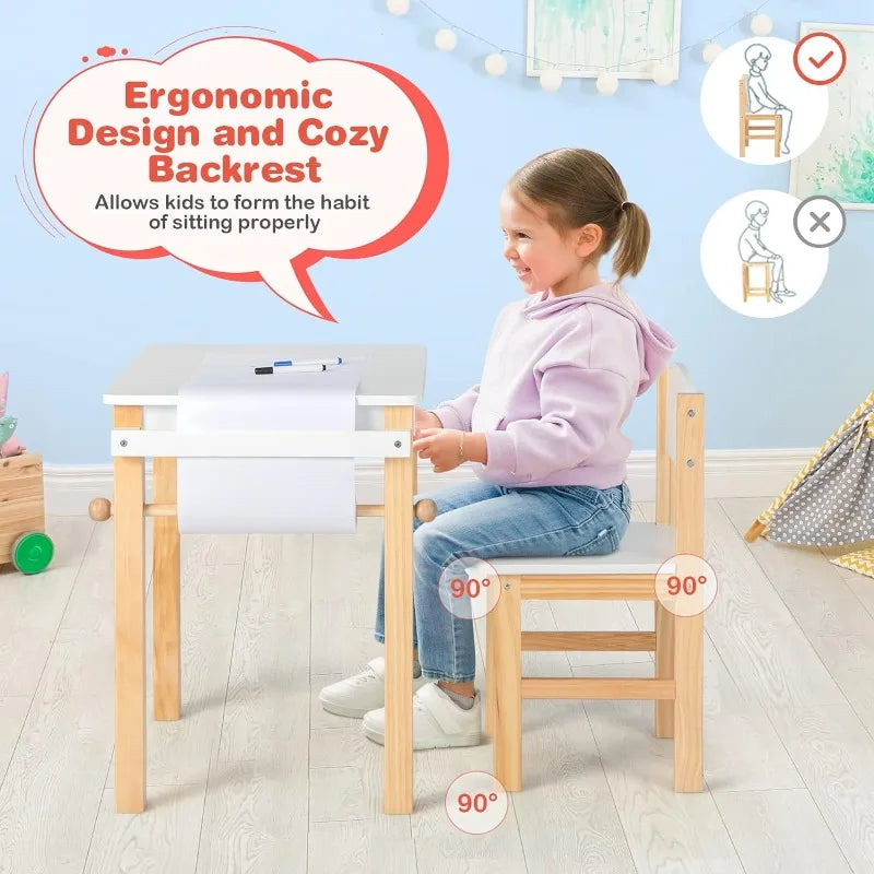 Toddler Study Desk w/Paper Roll, Drawer, 2 Marker Pens, Wooden Activity Table Set