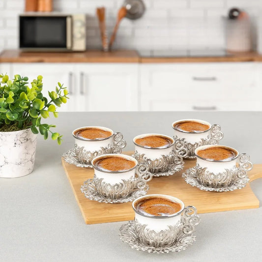 White Porcelain and Zinc Metal Turkish Coffee Cup Set