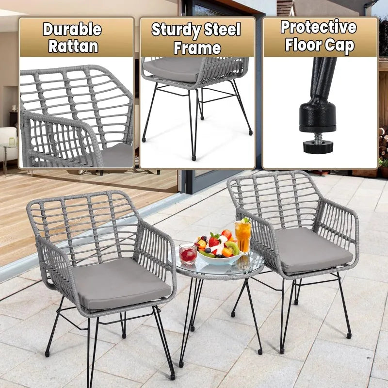 3 Pieces Wicker Patio Bistro Furniture Set, Includes 2 Chairs and Glass Top Table