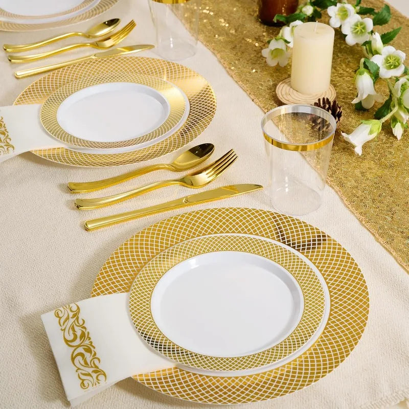 Elegant Fancy Gold Grid Rim Disposable Plastic Plates Set