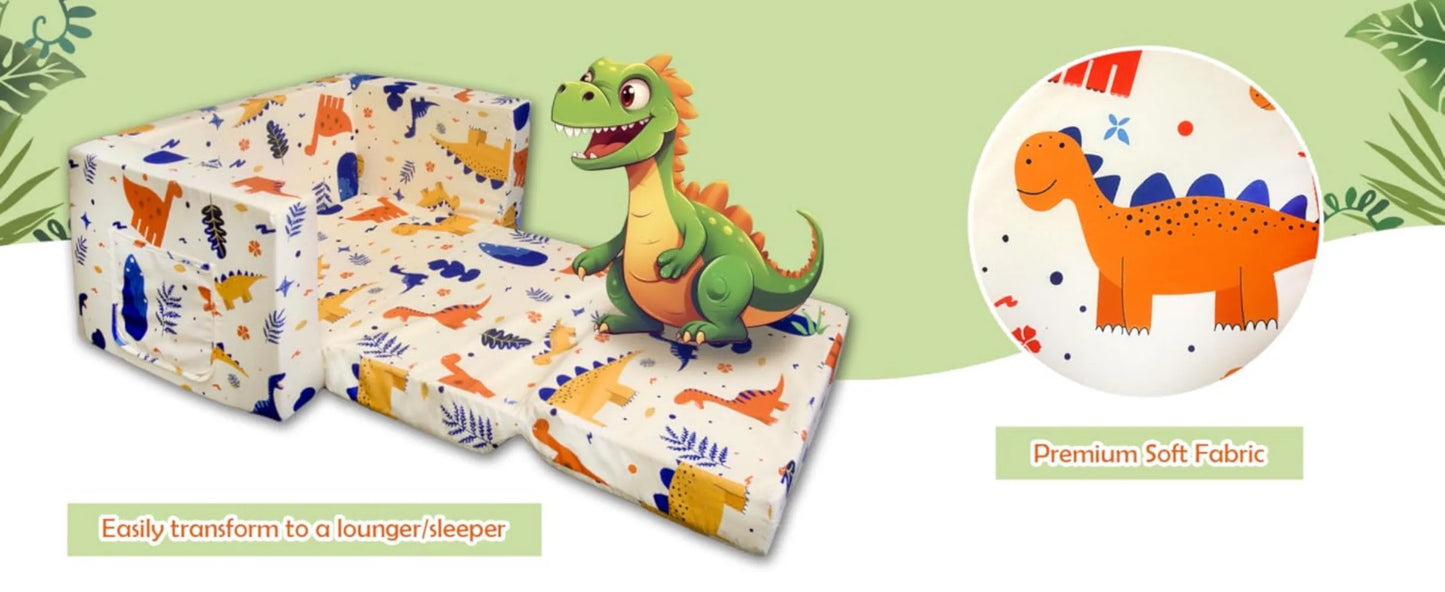 Children's 2 in 1 Convertible, Extra Soft Flip Open Chair Sofa Bed, Cute Star/Dinosaur Print