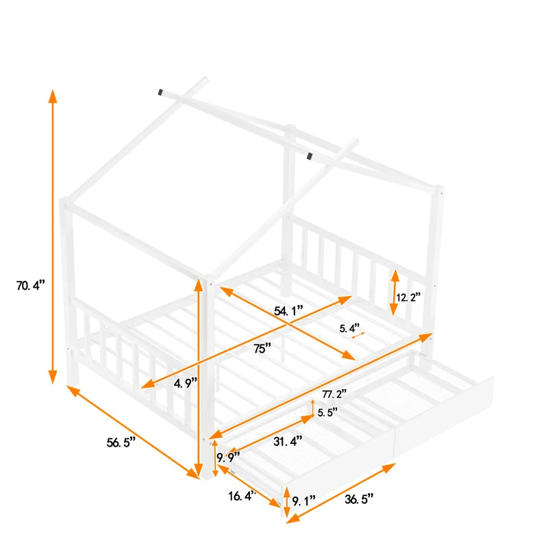 Wooden House Bed Frame for Kids with Ample Storage Options, Roof Design