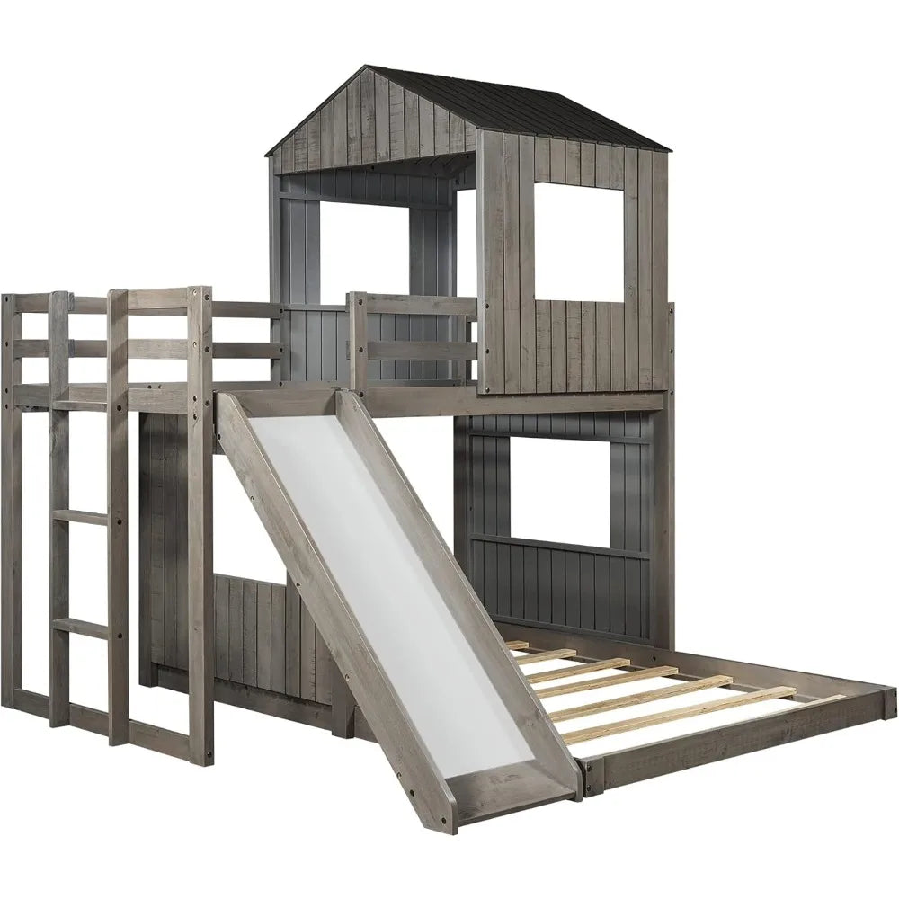 Twin Over Full Size, Wood Bunk Beds with Roof and Window, with Slide