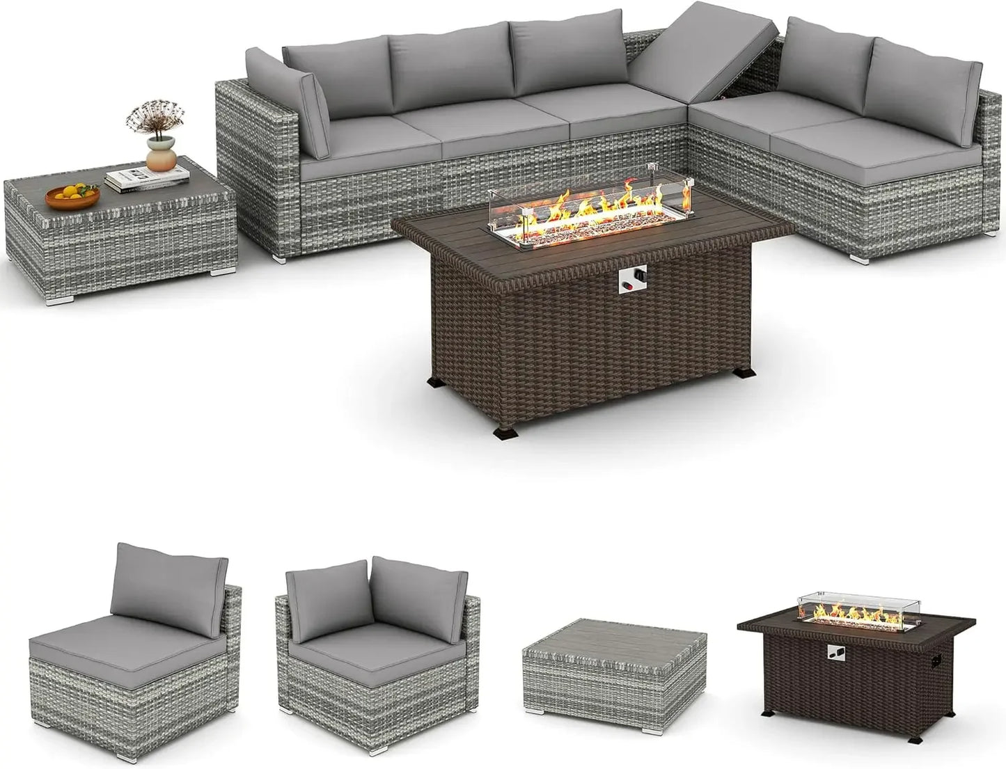 7 Pieces Outdoor Patio Furniture Set with 50" Propane Fire Pit Table