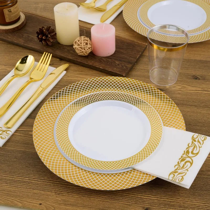 Elegant Fancy Gold Grid Rim Disposable Plastic Plates Set