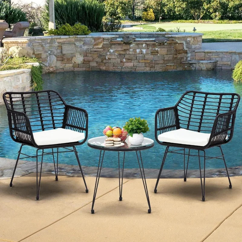 3 Pieces Wicker Patio Bistro Furniture Set, Includes 2 Chairs and Glass Top Table