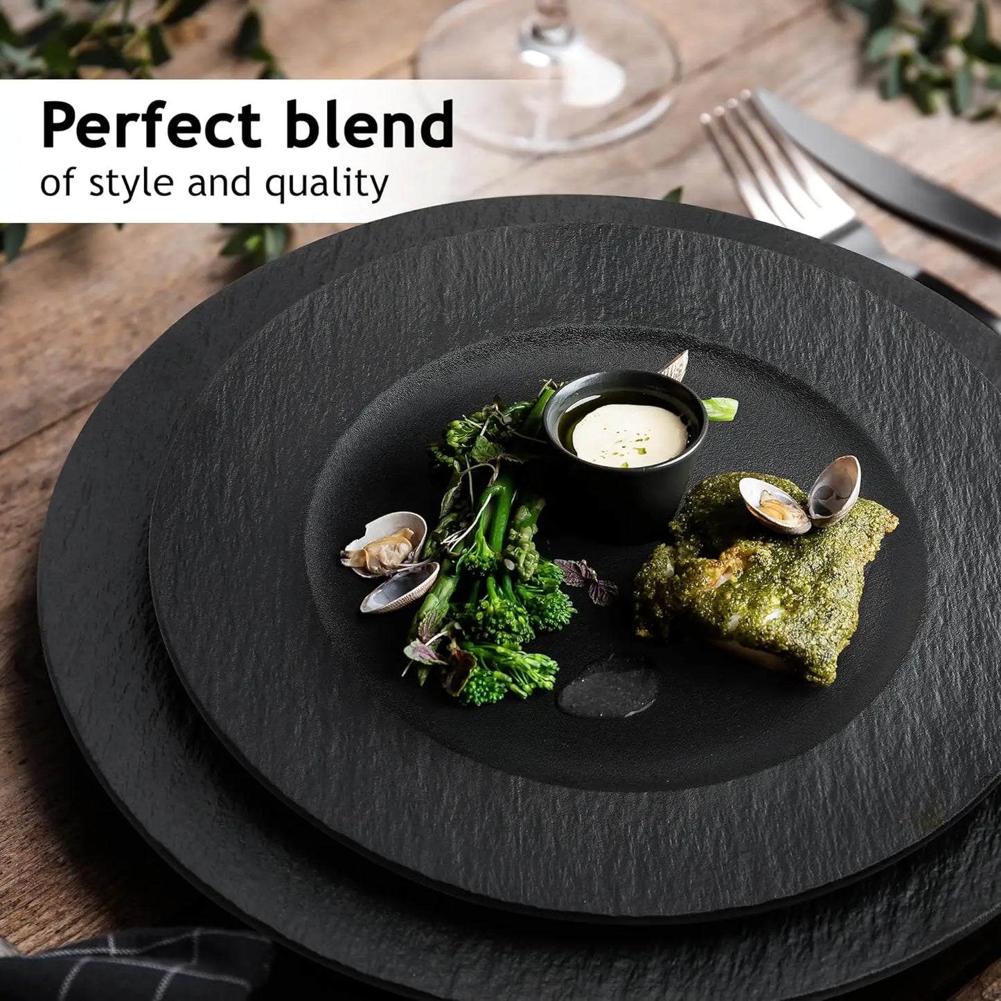 Set of 4, 9 Inch, Modern Ceramic Plate Set, Black