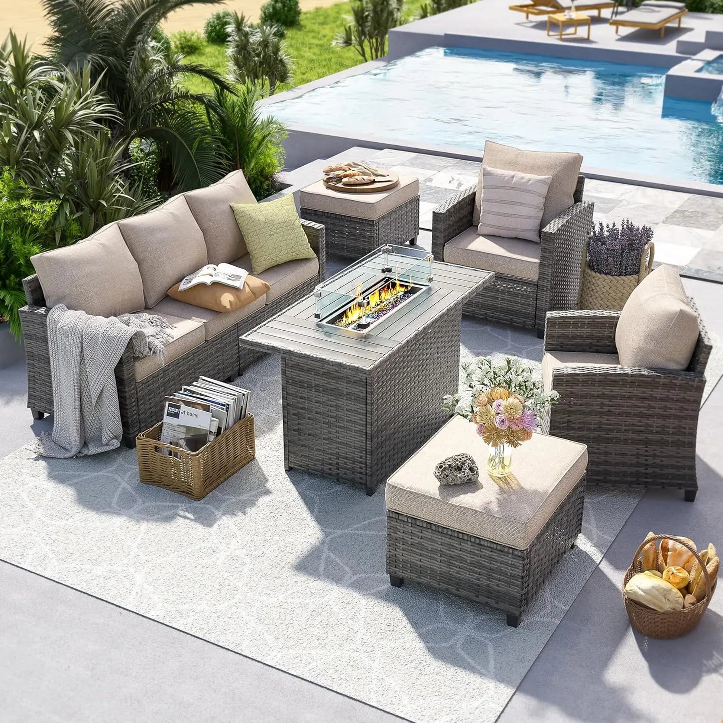 6 Pieces Sectional Conversation Patio Set with 44" Fire Pit Table