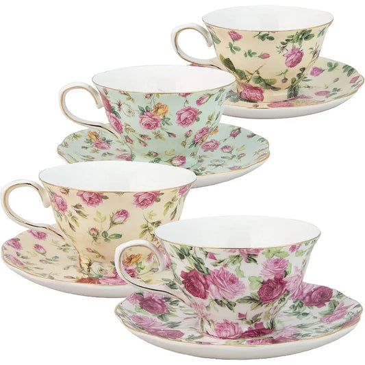 Rose Chintz 8-Ounce Porcelain Tea Cup and Saucer, Set of 4