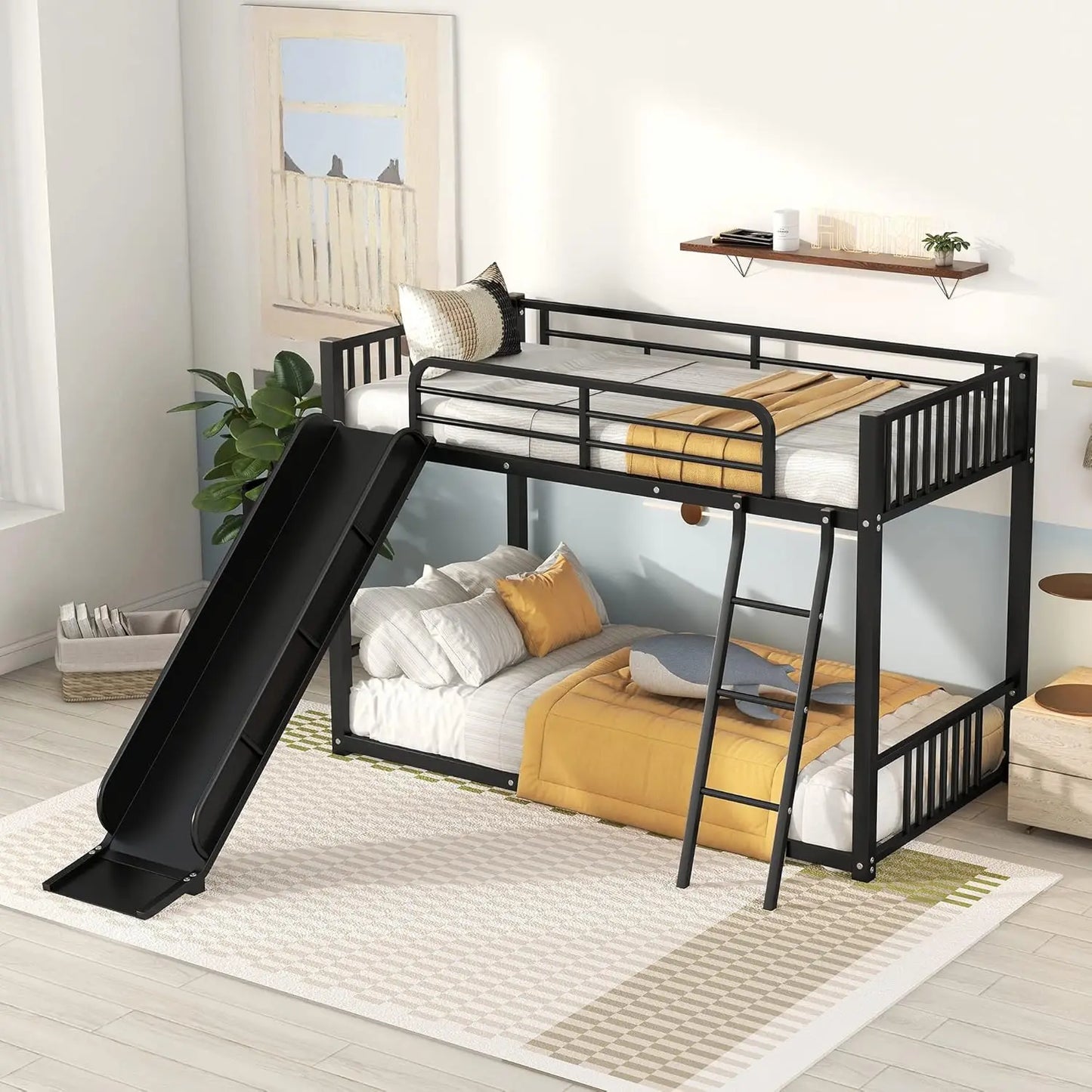 Kids Wood Twin Loft Bed Frame with Climbing Ladder & Storage Space for