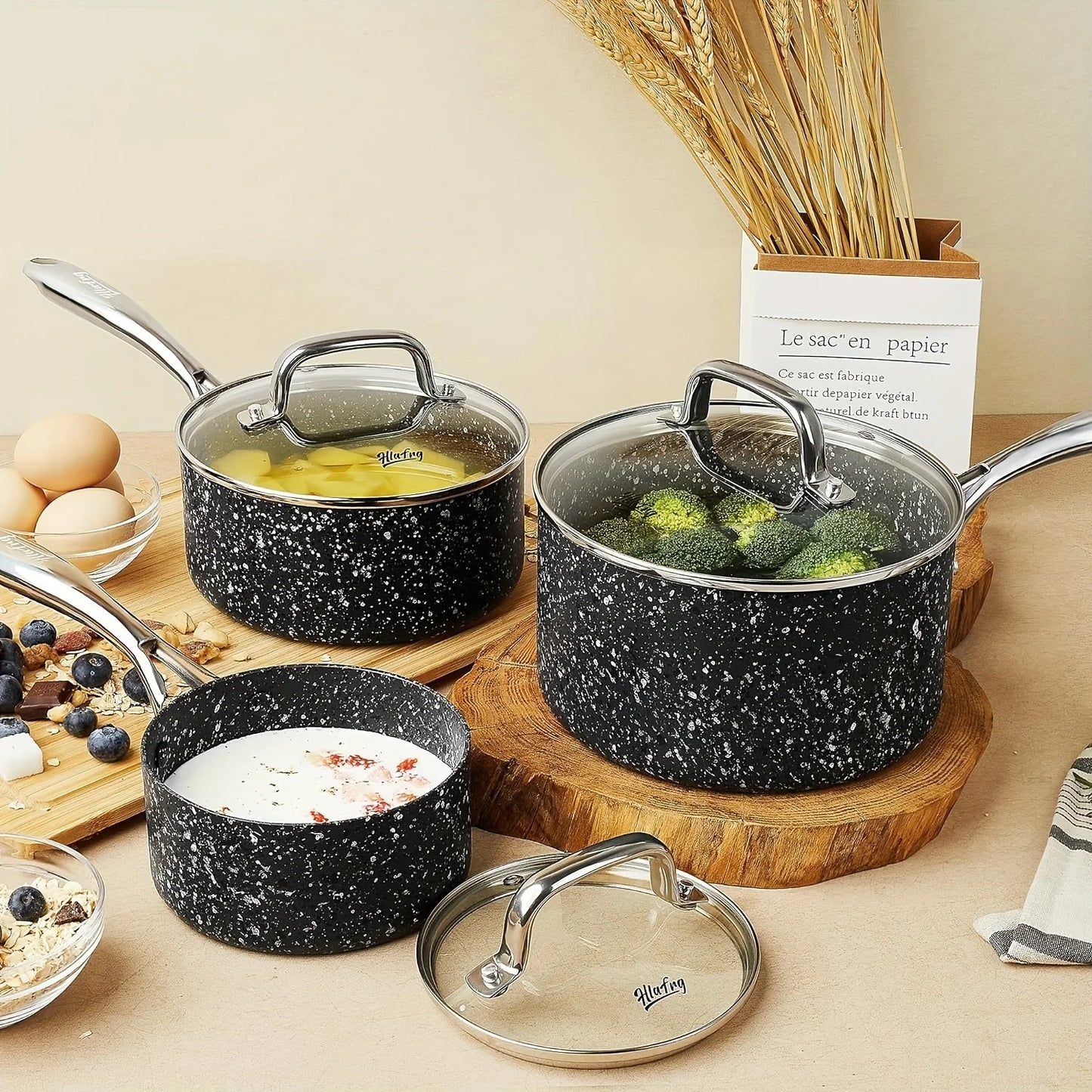 3-Piece Saucepan Set with Glass Lids, Natural Durable Granite Coating, Nonstick, Durable & Oven Safe to 450°F