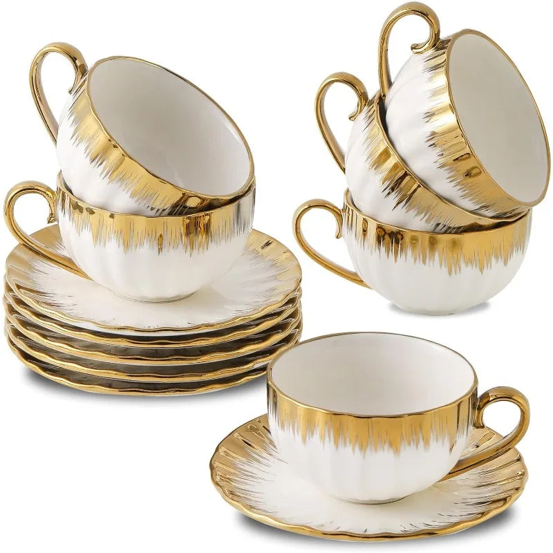 Set of 6 Gold Trim, Ceramic Cappuccino Cups with Saucers