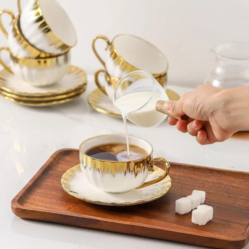 Set of 6 Gold Trim, Ceramic Cappuccino Cups with Saucers