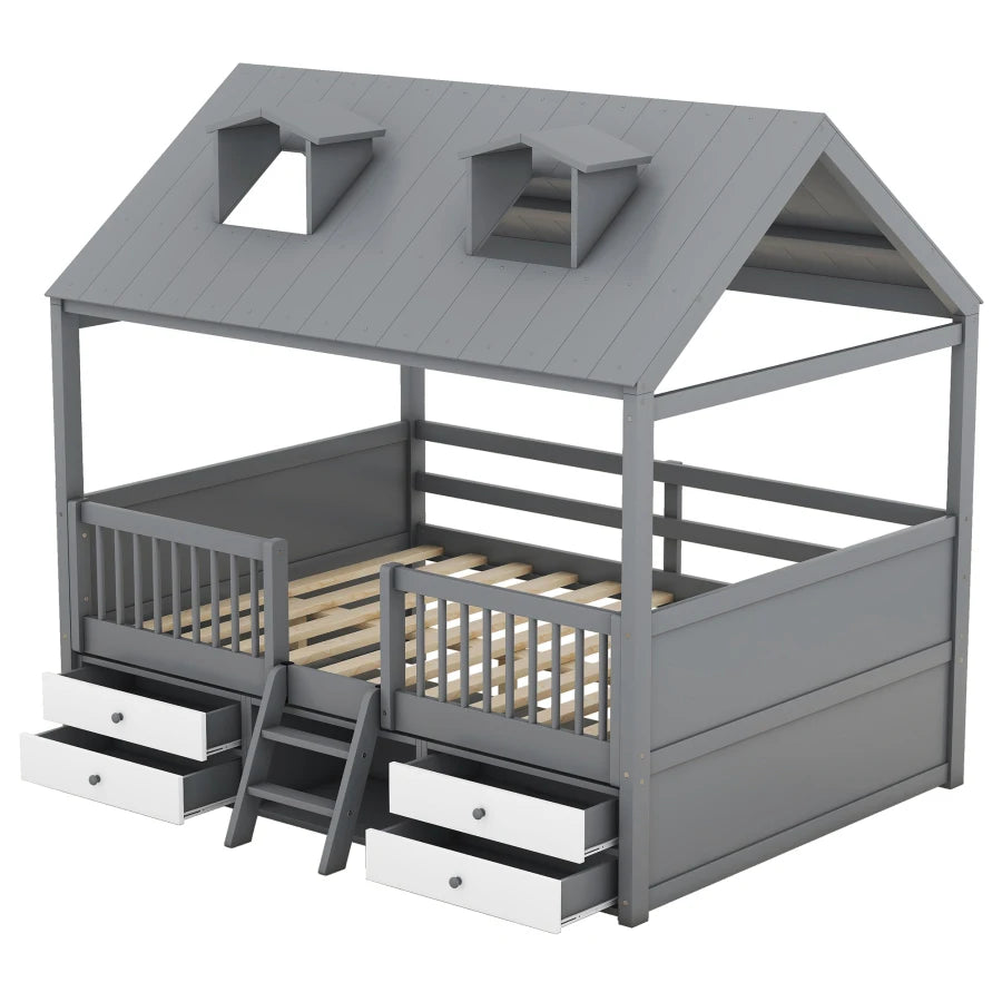 Full Size, Roof Design, Wood House Bed Frame, for Kids