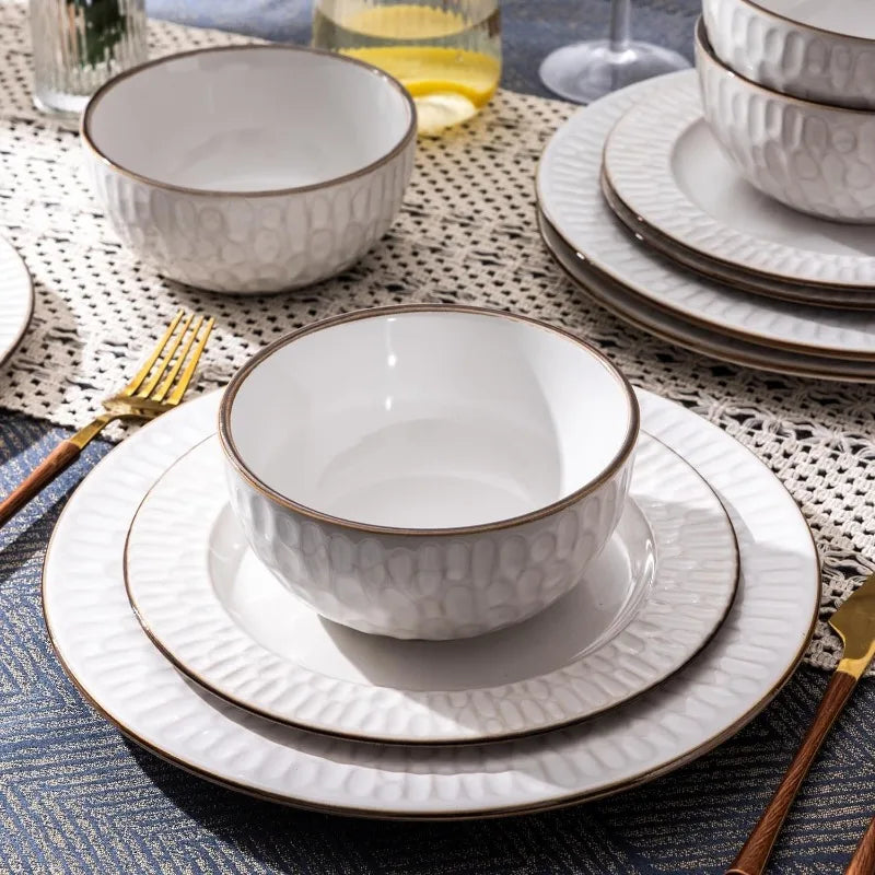 Embossed Elegant Stoneware Plates and Bowls Sets