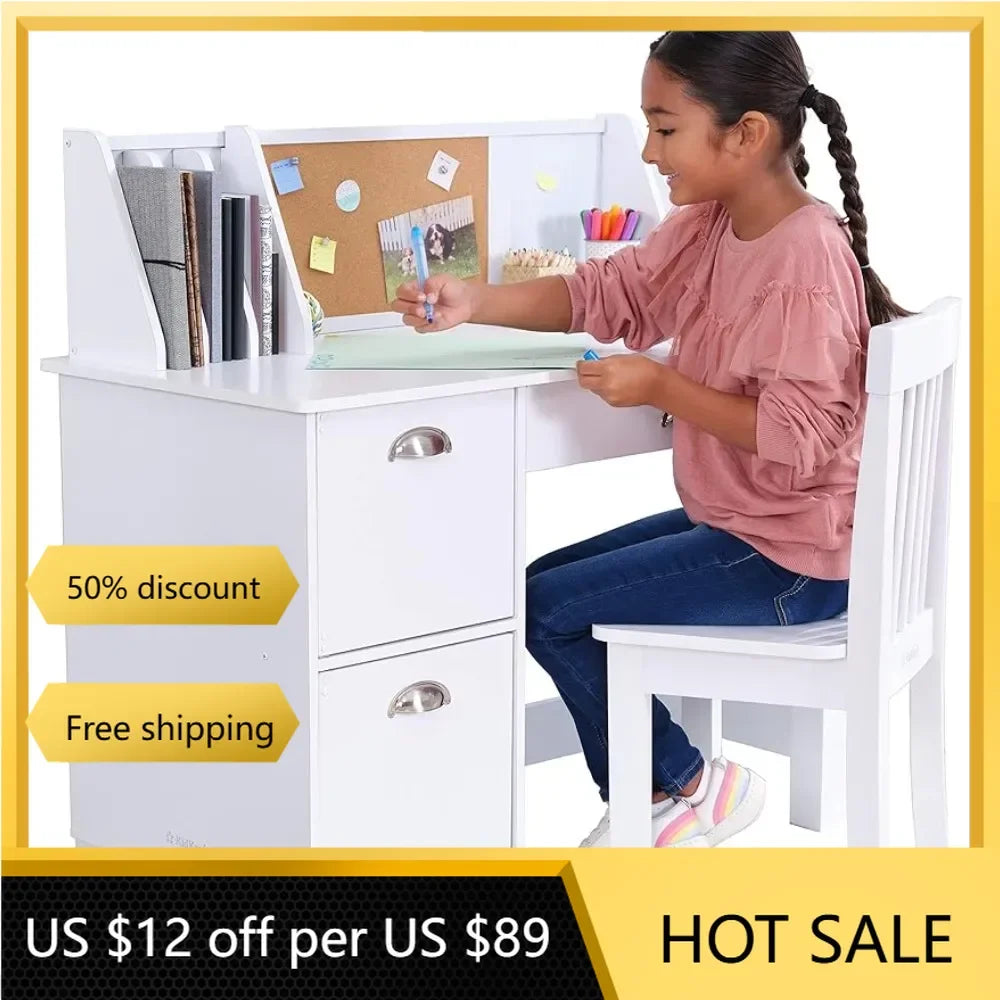 Children's Wooden Study Desk and Chair With Bulletin Board and Cabinets