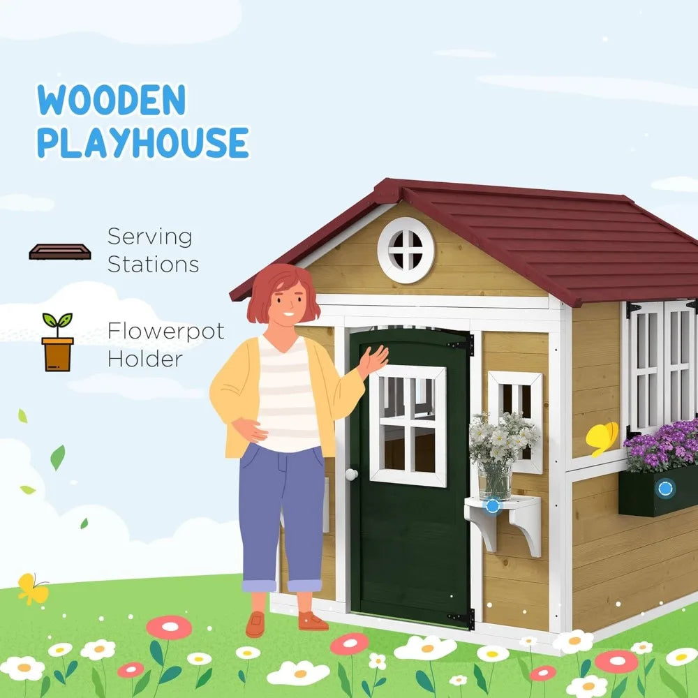 Wooden Playhouse with Planter Pots Boxes for Toddlers 3-8 Years