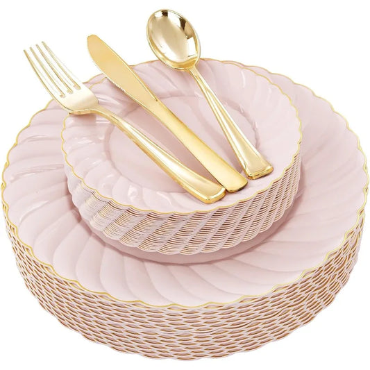 125Pieces Plastic Plates with Gold Rim-Plastic Silverware Included