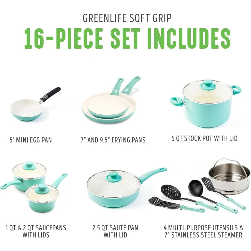 GreenLife Soft Grip 16 Piece Nonstick Ceramic Cookware Set