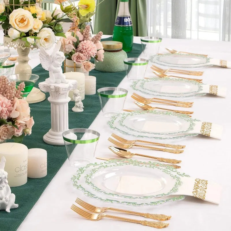 175PCS Clear Green Plastic Plates & Gold Plastic Silverware & Clear Green Cups & Gold Napkins, Service 25 Guest