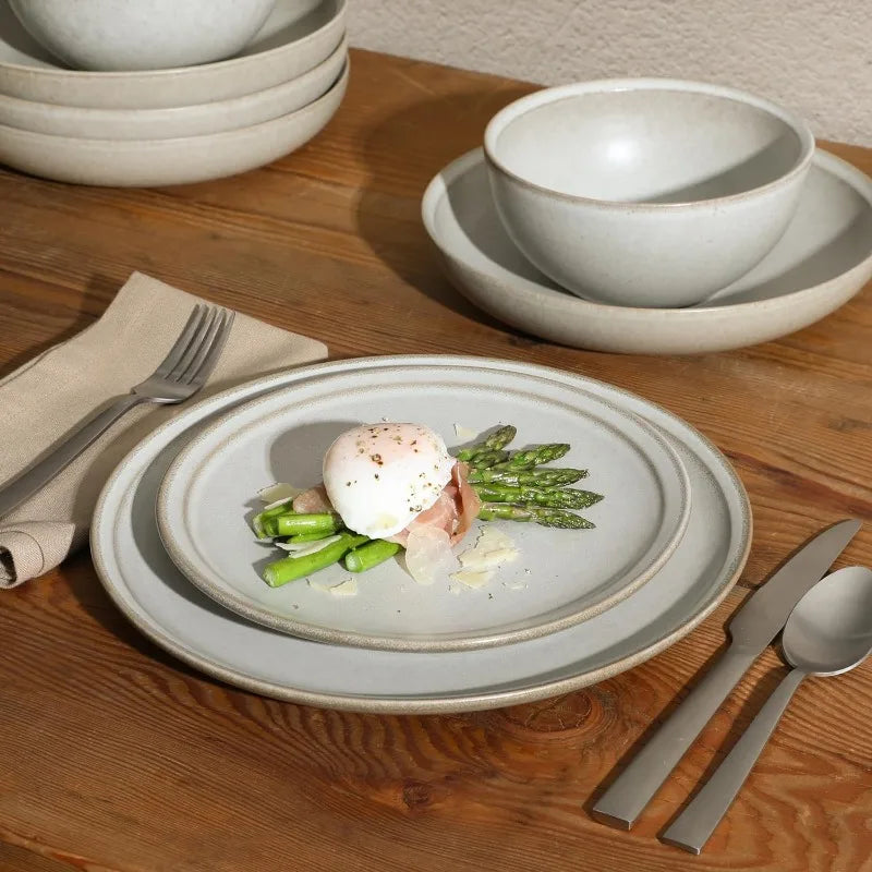 Beckett Stoneware Matte Reactive Glaze 16 Piece (Service for 4) Plates and Bowls Dinnerware Set - Linen White