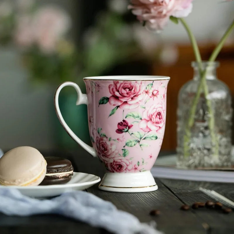 Set of 6, 12 oz, Floral Bone China Porcelain Mugs