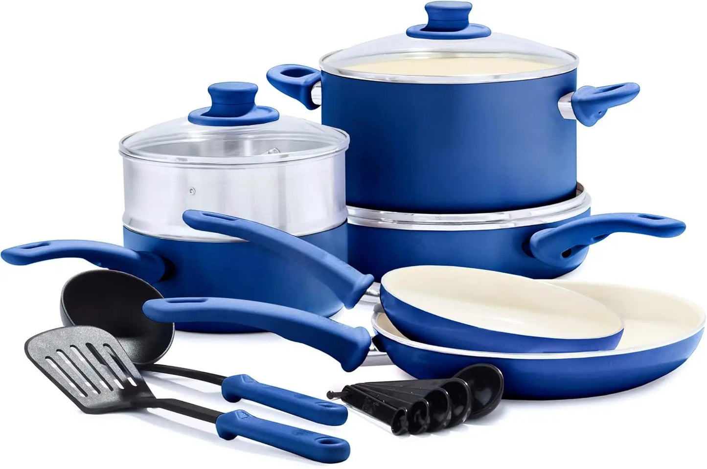 Ceramic Nonstick 16 Piece Kitchen Cookware Set, with Kitchen Utensils and Lid- Assorted Colors