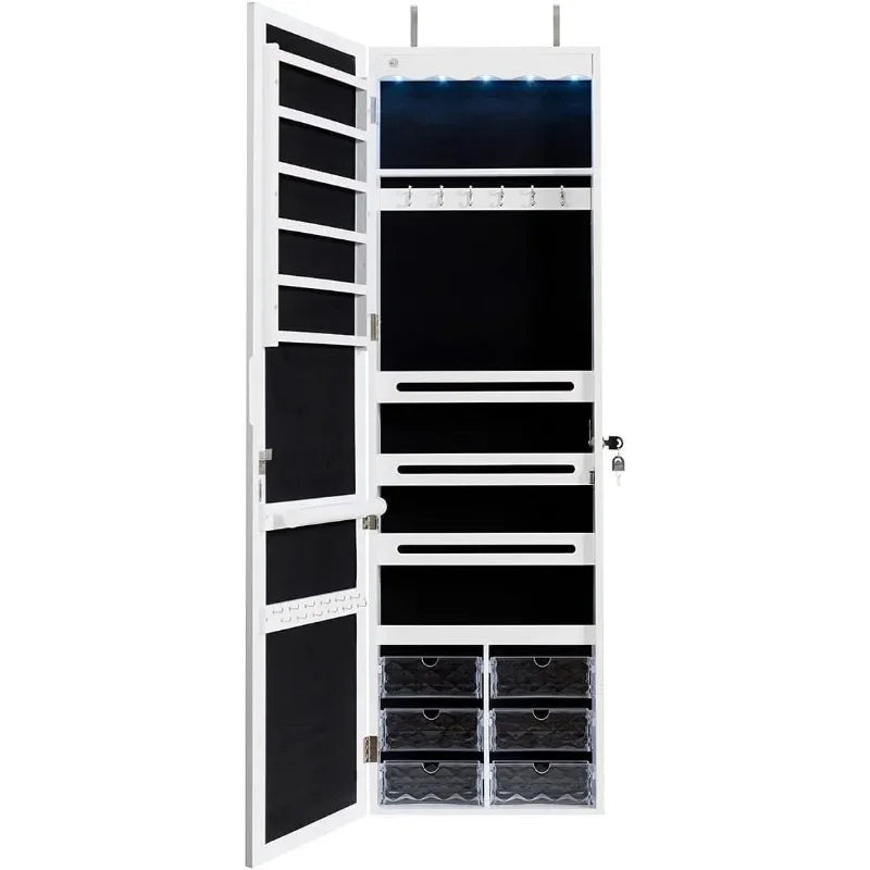 5 LEDs Mirror Jewelry Armoire Wall/ Door Mounted, Lockable Jewelry Cabinet with 6 Drawers and Full Length Mirror