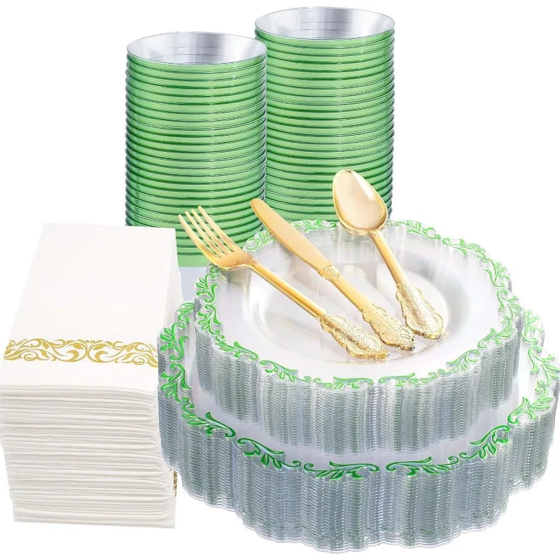 175PCS Clear Green Plastic Plates & Gold Plastic Silverware & Clear Green Cups & Gold Napkins, Service 25 Guest