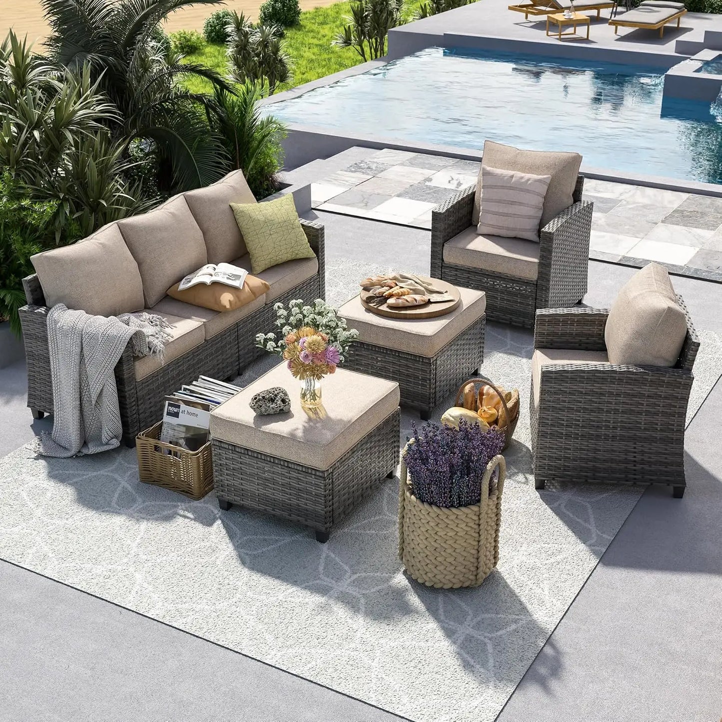 6 Pieces Sectional Conversation Patio Set with 44" Fire Pit Table