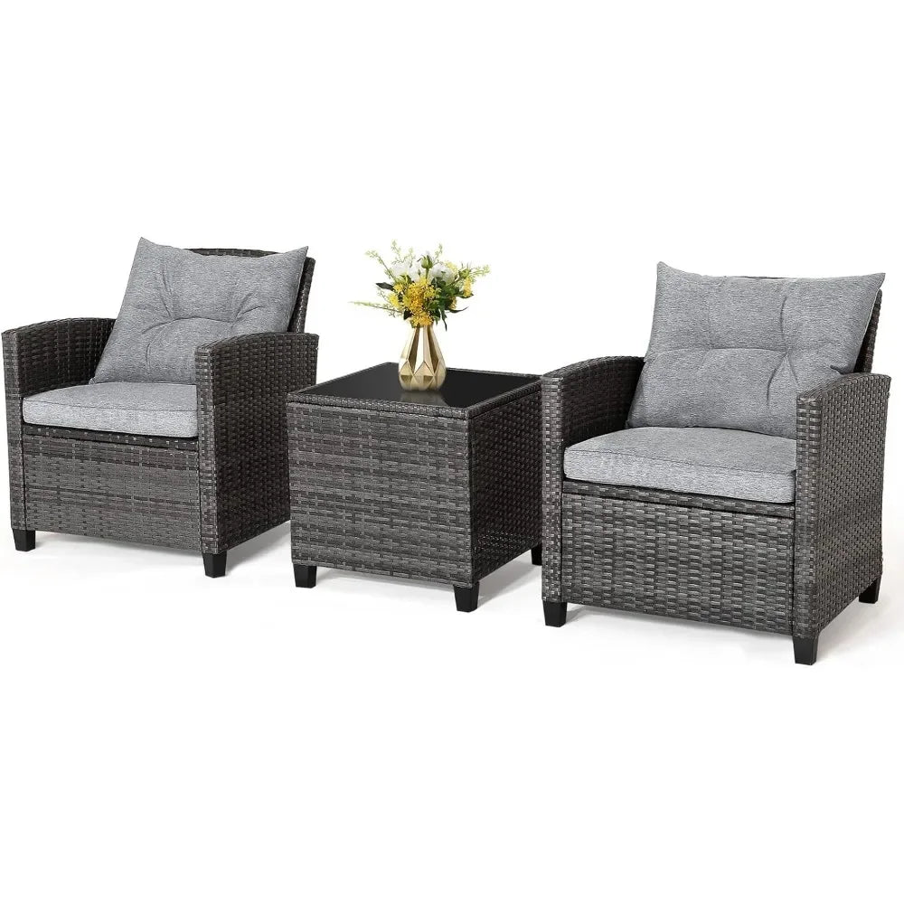 3 Piece Outdoor Rattan Sofa Set with Tempered Glass Tabletop