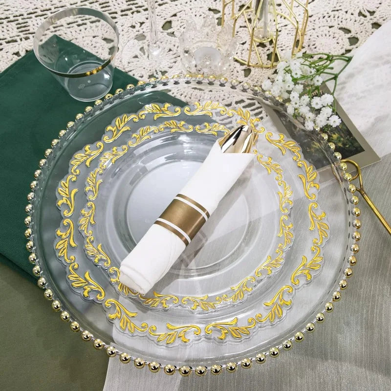 175PCS Clear Green Plastic Plates & Gold Plastic Silverware & Clear Green Cups & Gold Napkins, Service 25 Guest