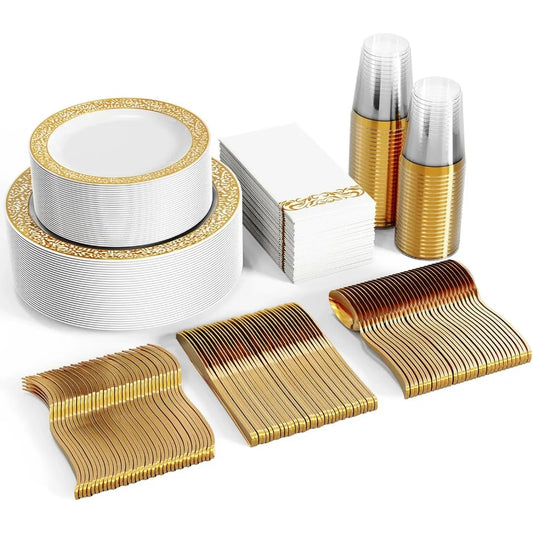 350pcs Gold Disposable Dinnerware Set for 50 Guests