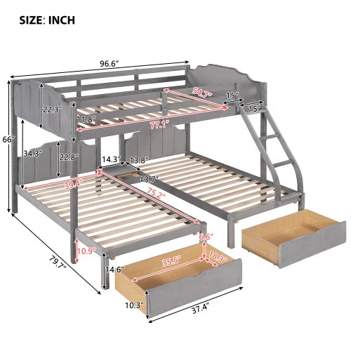 Wood Full over Twin & Twin Bunk Bed,Triple Bunk Bed with Drawers