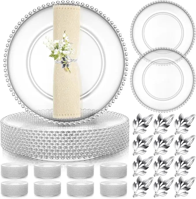 50 piece Clear 13 Inch Plastic Beaded Charger Plates - Gold Trim or Silver Trim options