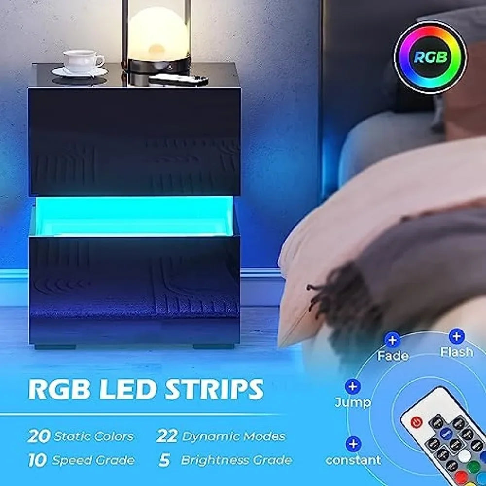 Set of 2, Bedside Tables with LED Lights