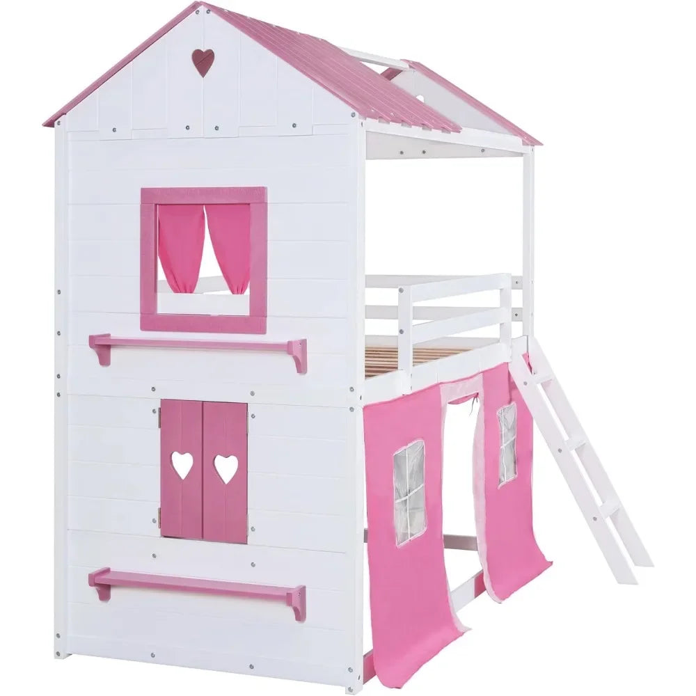 Kids House Loft Bunk Bed with Tent, Ladders, Guardrail, Windows & Roof