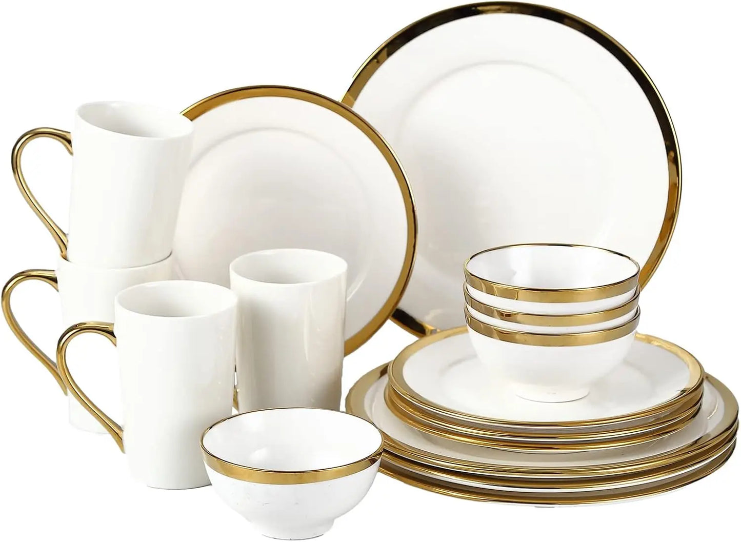 16 Piece Service for 4 Golden Rim White Porcelain Dinnerware Set