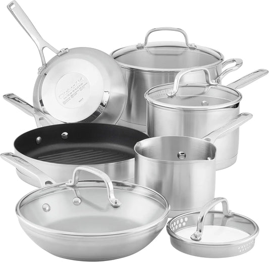 10 Piece, 3-Ply Base Brushed Stainless Steel Cookware Set