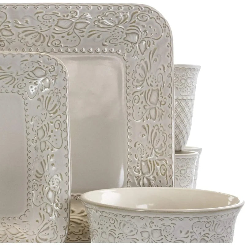 16 Piece Contemporary Square Embossed Stoneware Dinnerware Set