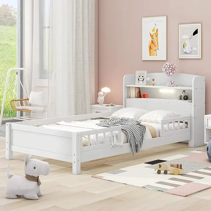 Kids Low Platform Twin Bed with Guardrails
