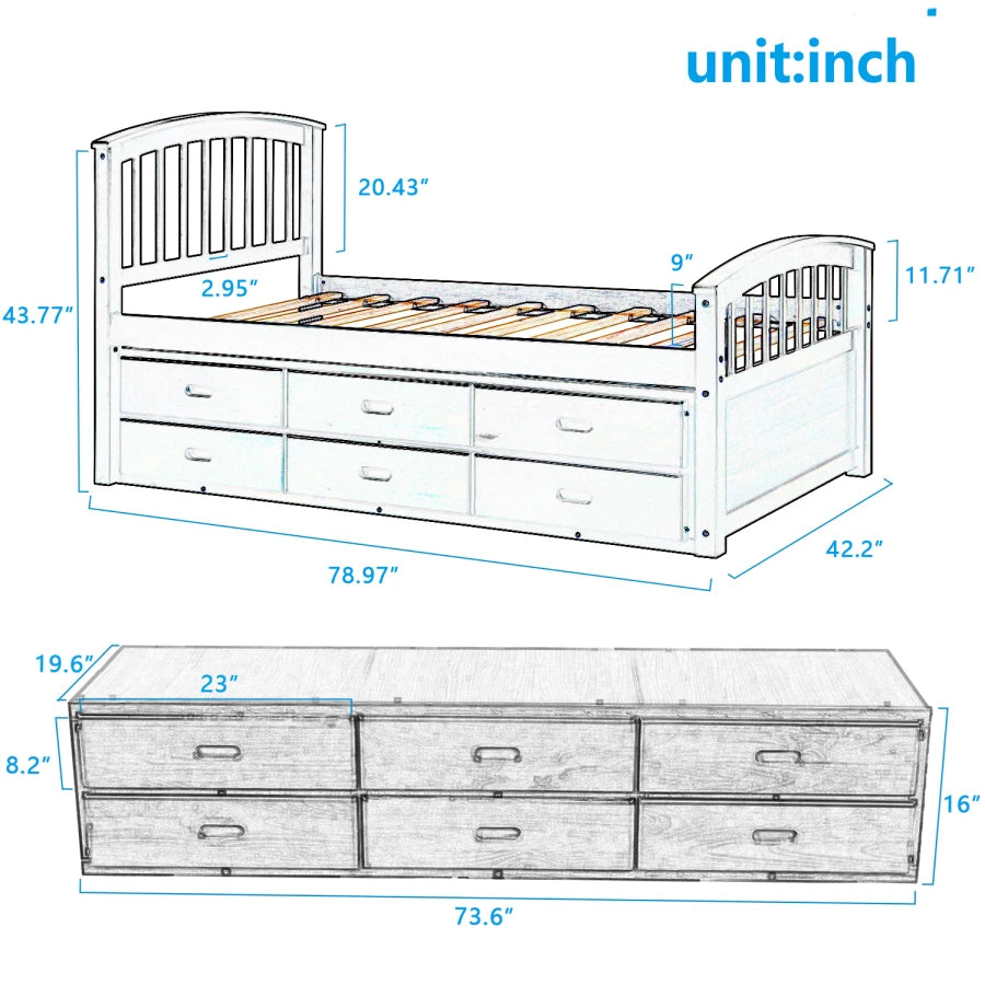 Solid Wood Twin Size Platform Storage Bed with 6 Drawers