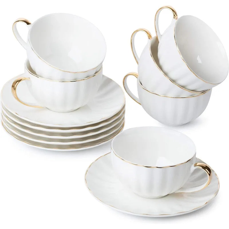 Tea Cups and Saucers, Set of 6 (7 oz) with Gold Trim and Gift Box, White