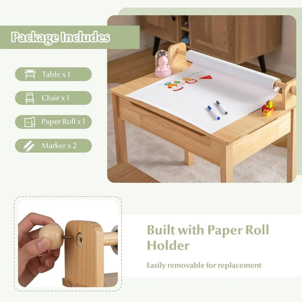 Kid's Wooden Lift-Top Desk & Chair Activity Table Set with Storage, Paper Roll Holder & Pen Slot