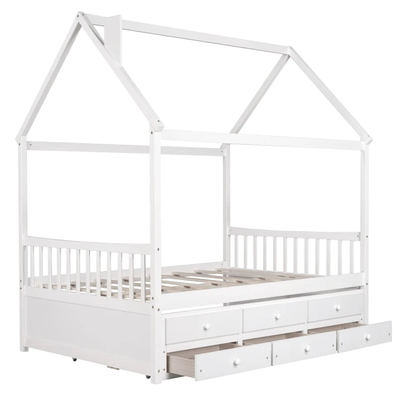 Wooden House Bed Frame for Kids with Ample Storage Options, Roof Design