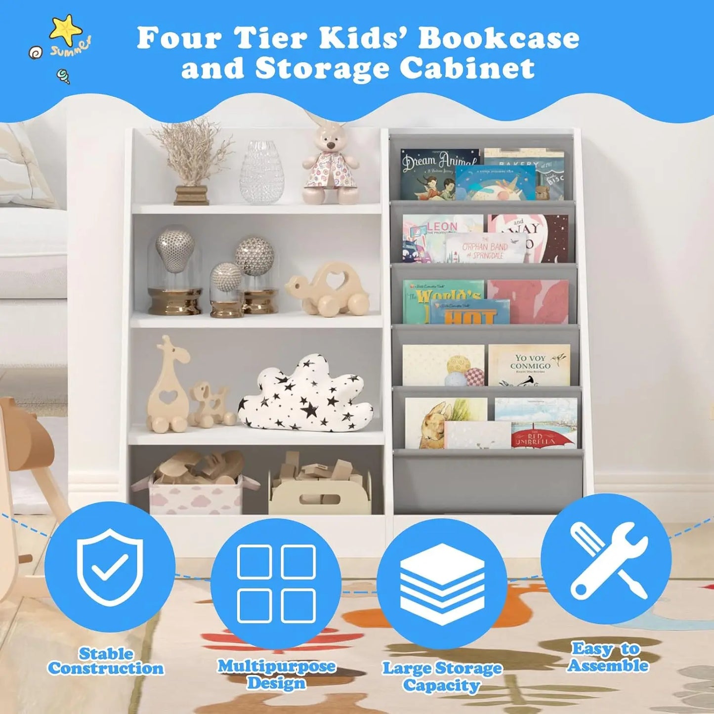 4 Tier Kids Wooden Bookshelf, 5 Layer Sling Bookcase