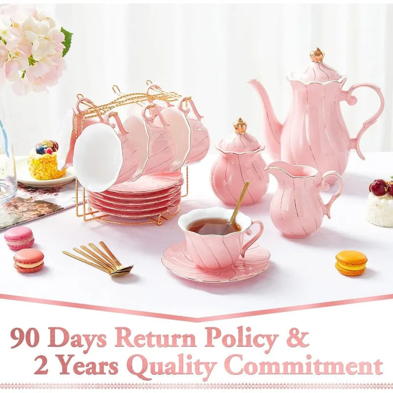 22 pcs Porcelain Tea Set for 6, Luxury British Style Tea/Coffee Cup Set with Golden Trim