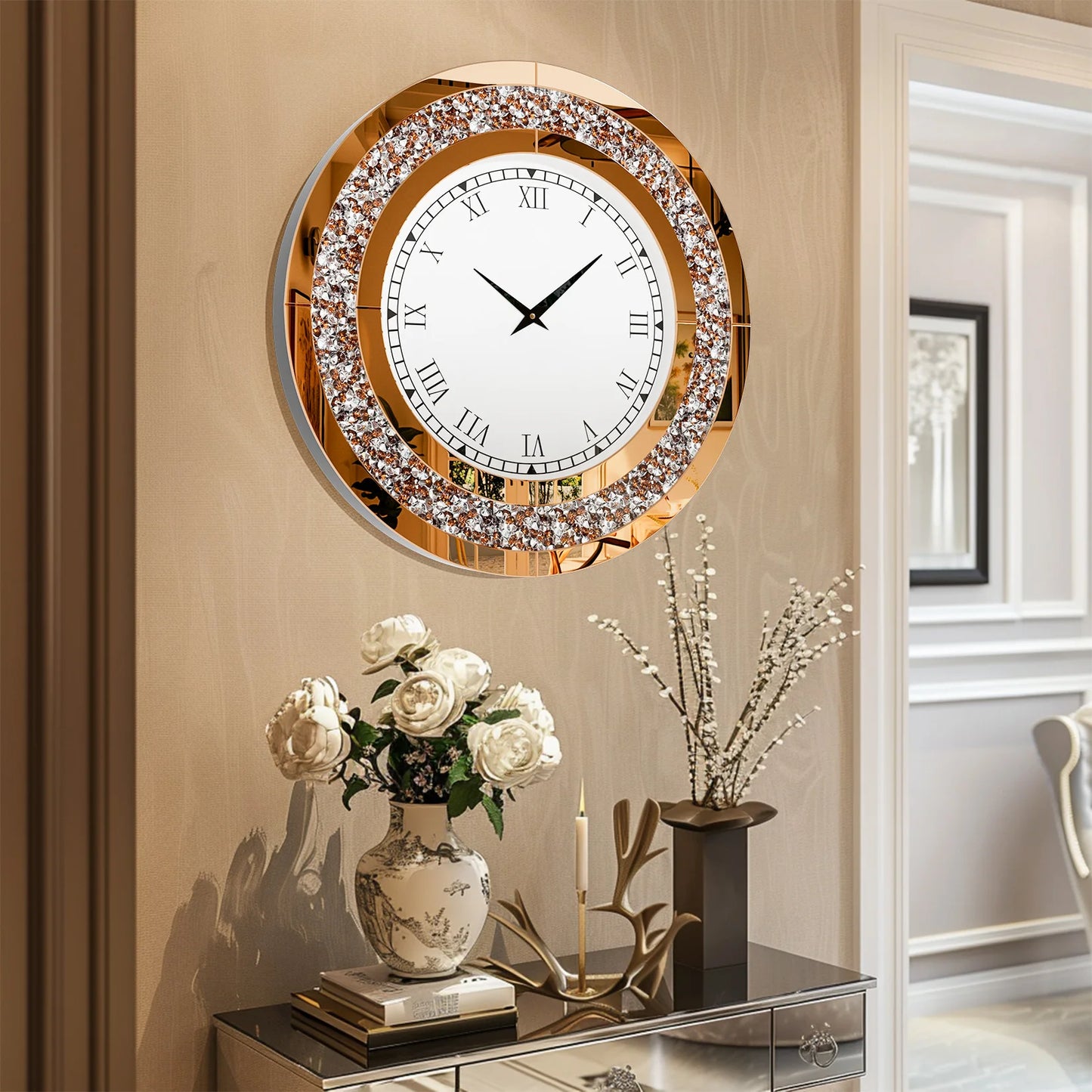 24inch Crystal Sparkle Crush Diamond Large Mirrored Wall Clock